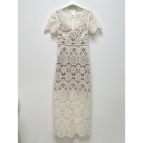 Sp2025 Summer Clothing New Women's Clothing Water Soluble Lace Sexy V-neck Short Sleeve Dress Waist Slimming Dress Dress