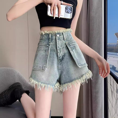 Pocket Design Sense Denim Shorts Women's Summer New High Waist Loose Raw Hem Tassel Wide Leg Pants Versatile Hot Pants Women's