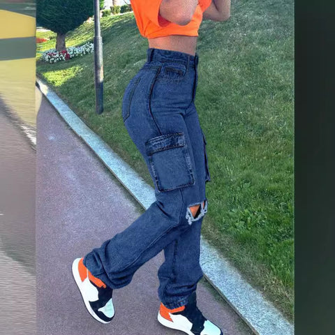 In Stock 2025 Spring   European and American Overalls High Waist Flap Pocket Women's Jeans