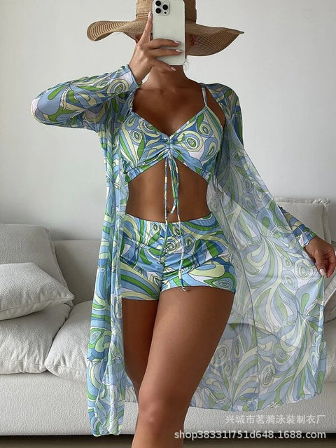 MTVRMALL  Mingyi New Multi-Color European and American Mesh Outerwear Fashion Sexy  Leg Pants Three-Piece Women's Swimsuit