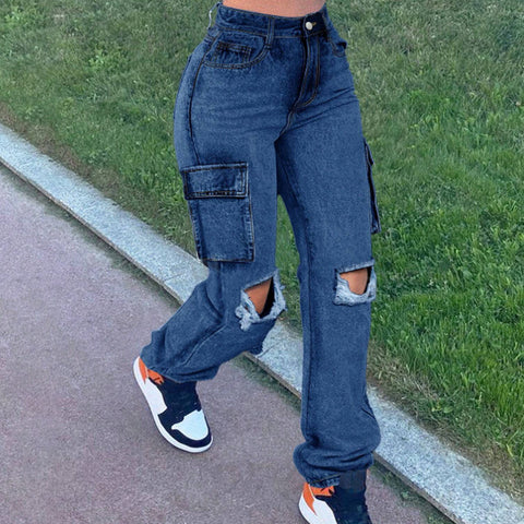 In Stock 2025 Spring   European and American Overalls High Waist Flap Pocket Women's Jeans