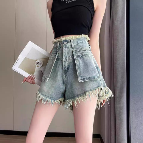 Pocket Design Sense Denim Shorts Women's Summer New High Waist Loose Raw Hem Tassel Wide Leg Pants Versatile Hot Pants Women's
