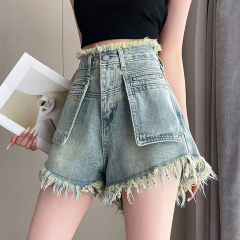 Pocket Design Sense Denim Shorts Women's Summer New High Waist Loose Raw Hem Tassel Wide Leg Pants Versatile Hot Pants Women's