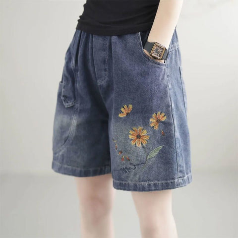 (in Stock) High Waist Jeans Shorts Women's Summer Elastic Slimming plus Size Korean Style Loose Wide Leg Embroidered Shorts