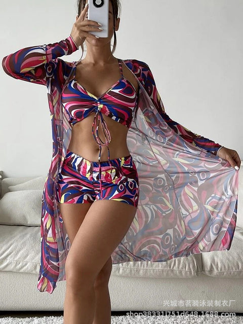 MTVRMALL  Mingyi New Multi-Color European and American Mesh Outerwear Fashion Sexy  Leg Pants Three-Piece Women's Swimsuit