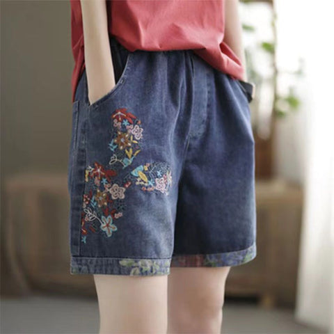 (in Stock) High Waist Jeans Shorts Women's Summer Elastic Slimming plus Size Korean Style Loose Wide Leg Embroidered Shorts