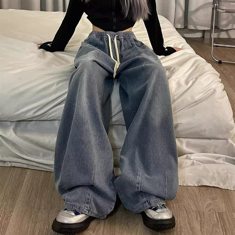 Korean Style New Jeans Women's Loose Bloomers Casual Wide Leg Flab Hiding Harajuku Style Ins Fashion Design Retro