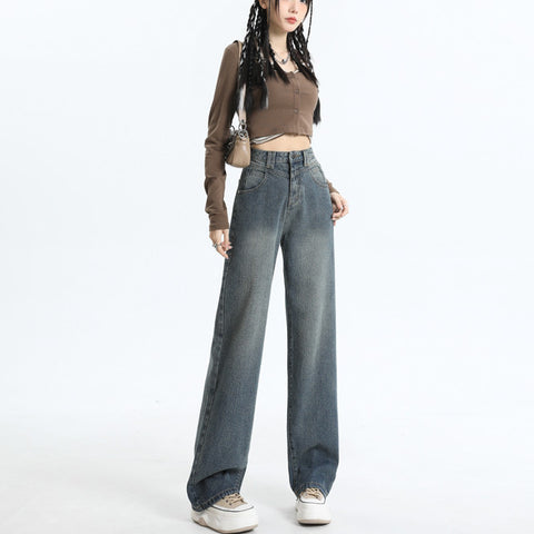 Spring and Autumn New Wide-Leg Jeans for Women High Waist Drooping Loose Slimming Sense of Design Starry Sky Pattern Straight Mopping Pants