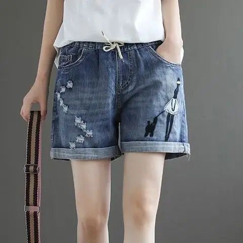 (in Stock) High Waist Jeans Shorts Women's Summer Elastic Slimming plus Size Korean Style Loose Wide Leg Embroidered Shorts