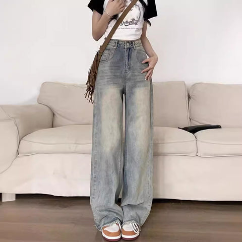 Retro Distressed Wide-Leg Jeans for Women 2025 Spring and Summer New High Waist Loose All-Match Draping Mop Straight Pants