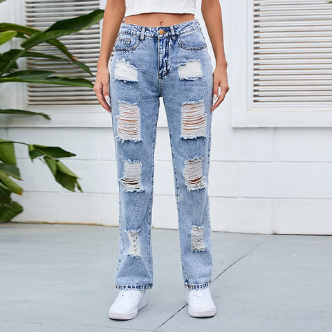 Cross-Border HOTan and NEWn Women's Jeans Washed Wear-White Mid-Waist Ripped Temperament Jeans Trousers for Women