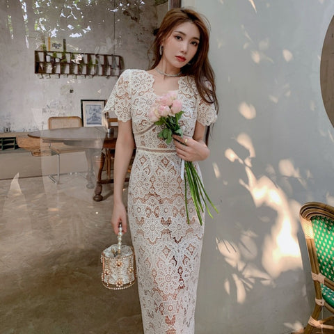 Sp2025 Summer Clothing New Women's Clothing Water Soluble Lace Sexy V-neck Short Sleeve Dress Waist Slimming Dress Dress