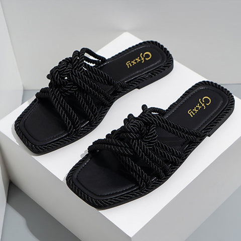 mtvrmall - Women Slippers Personality Hemp Rope Upper Design Flat Sandals Women Casual Solid Color Square Toe Hollow Flat Heel  Woman Shoes