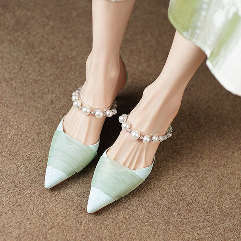 mtvrmall - Heihaian Baotou Slippers  Summer New Elegant Fairy Wind Heels Slippers For Women With Pearl And Net Yarn Decoration 33-42