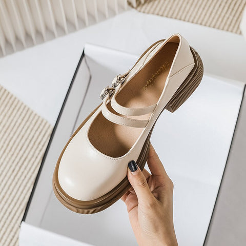 Mtvrmall -  spring new women's leather shoes Casual Mary Jane shoes fashion Round head Black loafers Kitten heels Large size 41-43