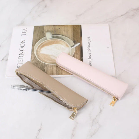 mtvrmall Simple Pen Sleeve PU Leather Mini Small Pen Bag Zipper Pencil Pouch Stationery Fountain Pen Holder Case Student School Supplies