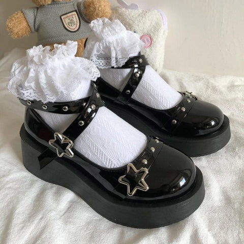 Mtvrmall - Lolita Shoes Gothic Chunky Star Buckle Mary Jane Shoes Cute Platform Cross-Tied Wedges Loli Thick Heel Casual Shoes Cosplay