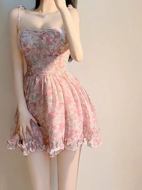 mtvrmall Sweet New Pink Sexy Dress Sweet Fresh Style Fragmented Flowers Print Waist Wrapped Slim Student Summer Short Lovely