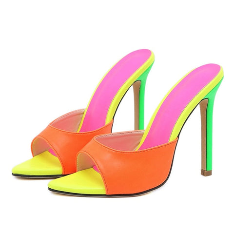 mtvrmall - Sexy Pointed Toe Mule High Heels Slipper Stripper Summer Fashion Mixed Color Slip On Slides Women Party Sandal Shoes