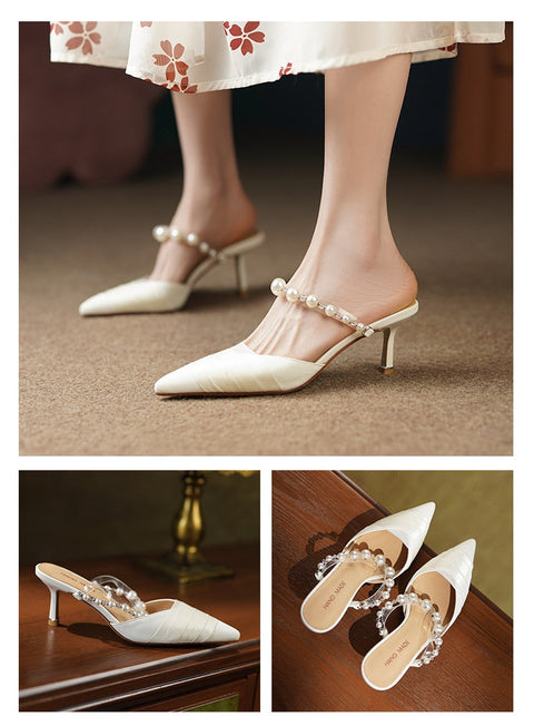 mtvrmall - Heihaian Baotou Slippers  Summer New Elegant Fairy Wind Heels Slippers For Women With Pearl And Net Yarn Decoration 33-42