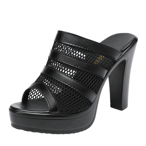 mtvrmall - Plus Size 32-43 Block Heel Platform Shoes Women Slippers Summer Open Head High Heels Slides Ladies Cutout Slippers