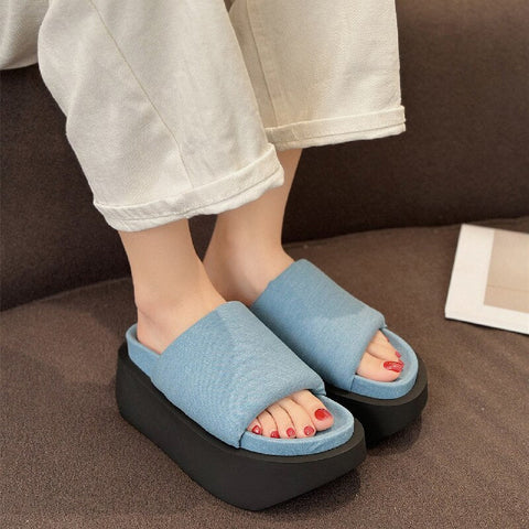 mtvrmall - Denim Rome Thick Women Slipper  Summer Platform Heels Casual Sport Beach Ladies Slides Fashion Dress Women Sandals Flip Flop