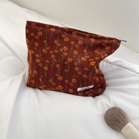 Women Corduroy Plaid Flowers Cosmetic Lipsticks Bag Korean Student Pencil Case Travel Makeup Brushes Bag Neceser Organizer Bags