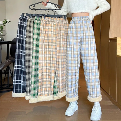 mtvrmall Fashion Warm Plush Pants Lamb Fleece Thick Plaid Women Winter Casual Loose Wide Leg Trousers Korean Streetwear Straight Student