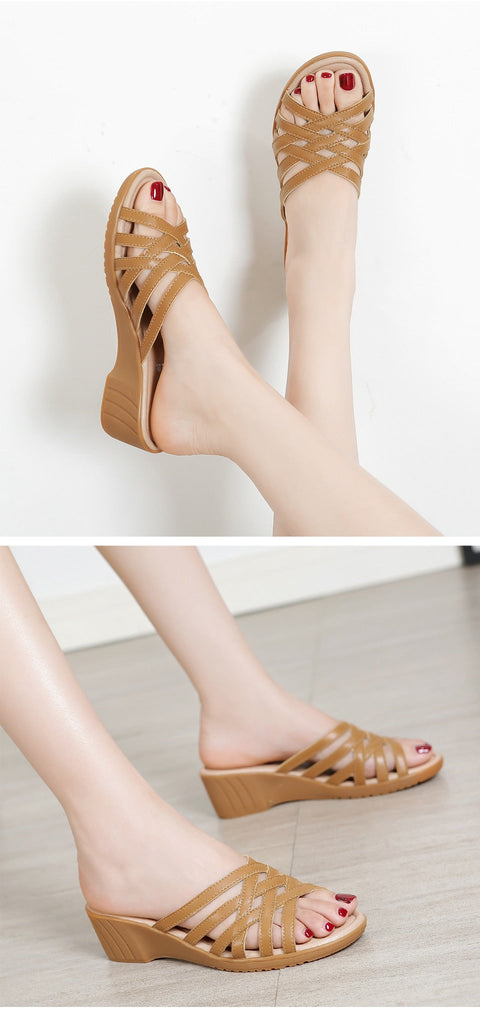 mtvrmall - Big Size Outside Wear Slippers Women  New Summer Shoes Flat Shoes Hollow Soft Wedge with Mother Skin Slippers