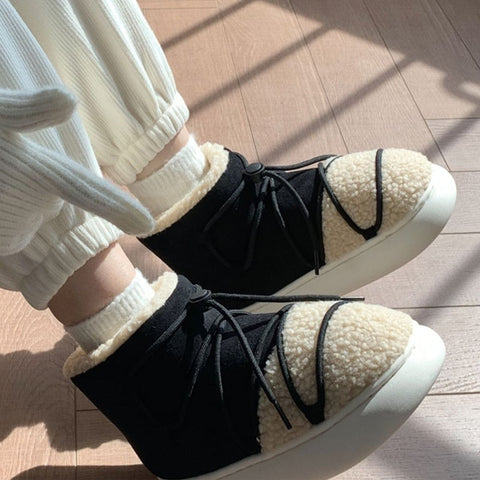 mtvrmall - New Winter Warm Snow Boots  Fur Design Women Short Boots Non-slip Light Comfortable Men Home Slippers High Top Bread Shoes