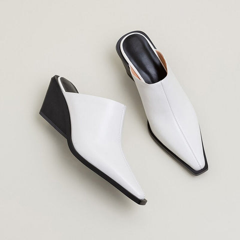 mtvrmall - Brand New Ladies Genuine Leather Mules Fashion Med Chunky Heels Summer Wedges Slippers Women Casual Office Shoes Woman