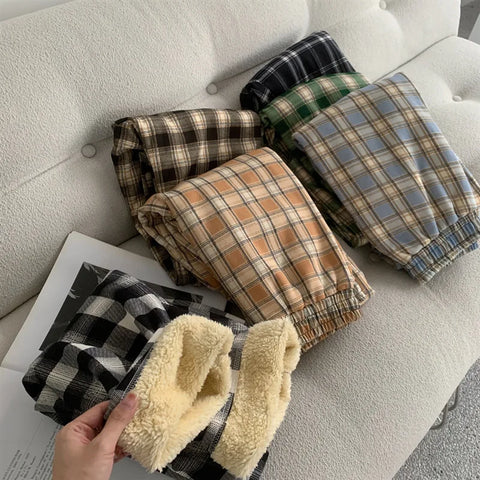 mtvrmall Fashion Warm Plush Pants Lamb Fleece Thick Plaid Women Winter Casual Loose Wide Leg Trousers Korean Streetwear Straight Student