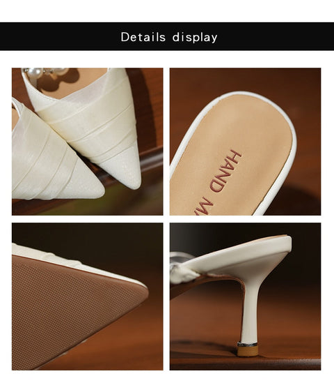 mtvrmall - Heihaian Baotou Slippers  Summer New Elegant Fairy Wind Heels Slippers For Women With Pearl And Net Yarn Decoration 33-42