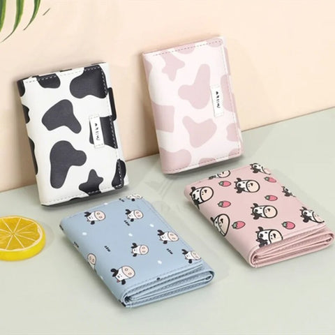 mtvrmall Women New Fashion Wallet Pu Leather Cartoon Cow Cattle Short Ladies Multi-card Slot Coin Purses Student Cute Triple Fold Wallet