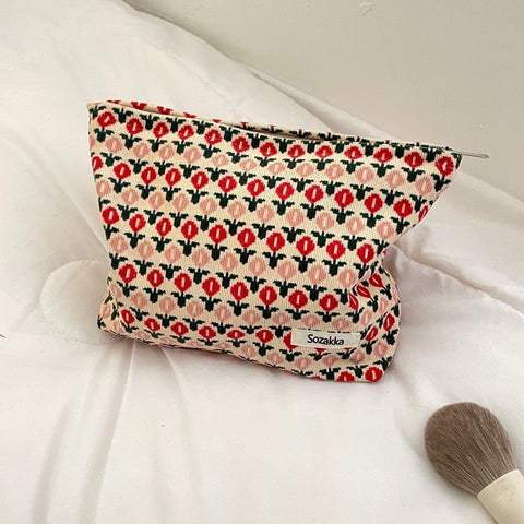 Women Corduroy Plaid Flowers Cosmetic Lipsticks Bag Korean Student Pencil Case Travel Makeup Brushes Bag Neceser Organizer Bags