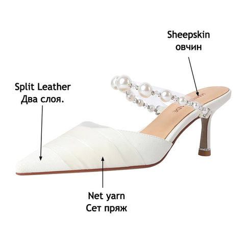 mtvrmall - Heihaian Baotou Slippers  Summer New Elegant Fairy Wind Heels Slippers For Women With Pearl And Net Yarn Decoration 33-42