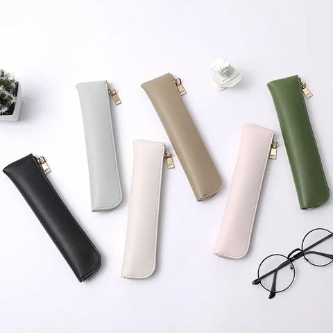 mtvrmall Simple Pen Sleeve PU Leather Mini Small Pen Bag Zipper Pencil Pouch Stationery Fountain Pen Holder Case Student School Supplies