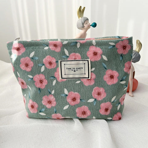 Women Corduroy Plaid Flowers Cosmetic Lipsticks Bag Korean Student Pencil Case Travel Makeup Brushes Bag Neceser Organizer Bags