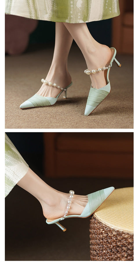 mtvrmall - Heihaian Baotou Slippers  Summer New Elegant Fairy Wind Heels Slippers For Women With Pearl And Net Yarn Decoration 33-42