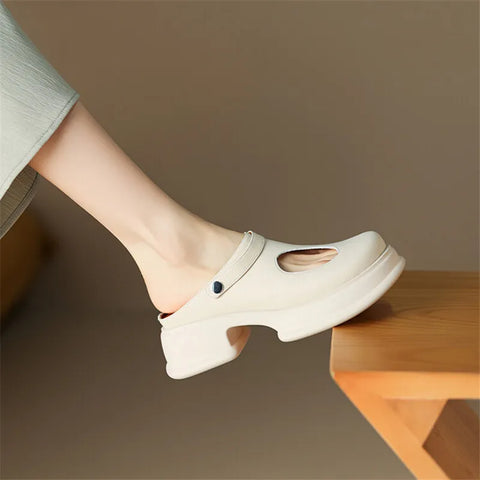 New Women Sandals Split Leather Cover Toe Sandals Casual Slippers Summer Hole Shoes for Women Round Toe High Heel Platform Shoes