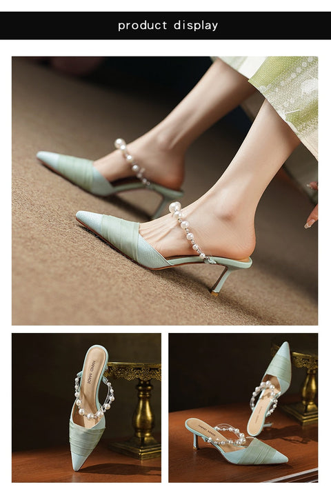 mtvrmall - Heihaian Baotou Slippers  Summer New Elegant Fairy Wind Heels Slippers For Women With Pearl And Net Yarn Decoration 33-42