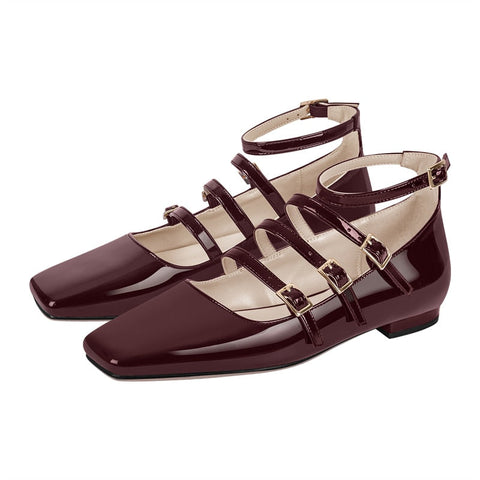 Mtvrmall - Women Flats Square Toe Patent Leather Mary Jane  Strap Retro Elegant Big Size Daily Flats Pumps