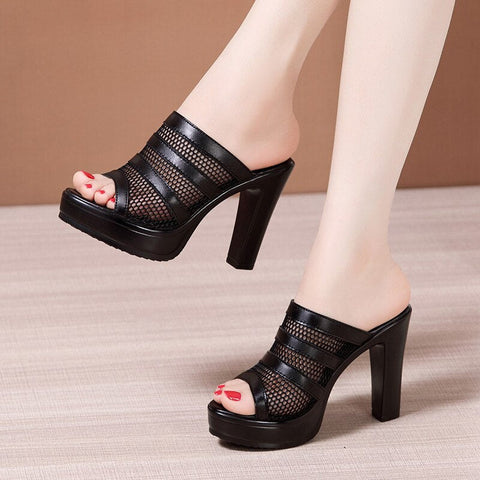mtvrmall - Plus Size 32-43 Block Heel Platform Shoes Women Slippers Summer Open Head High Heels Slides Ladies Cutout Slippers
