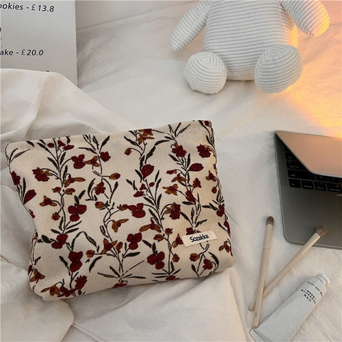 Women Corduroy Plaid Flowers Cosmetic Lipsticks Bag Korean Student Pencil Case Travel Makeup Brushes Bag Neceser Organizer Bags