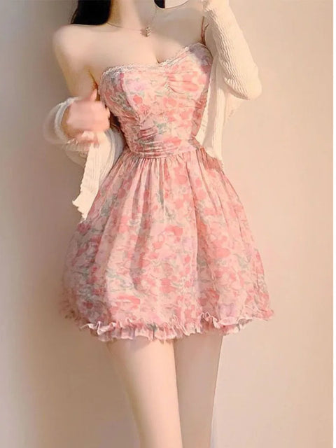 mtvrmall Sweet New Pink Sexy Dress Sweet Fresh Style Fragmented Flowers Print Waist Wrapped Slim Student Summer Short Lovely