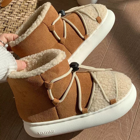 mtvrmall - New Winter Warm Snow Boots  Fur Design Women Short Boots Non-slip Light Comfortable Men Home Slippers High Top Bread Shoes