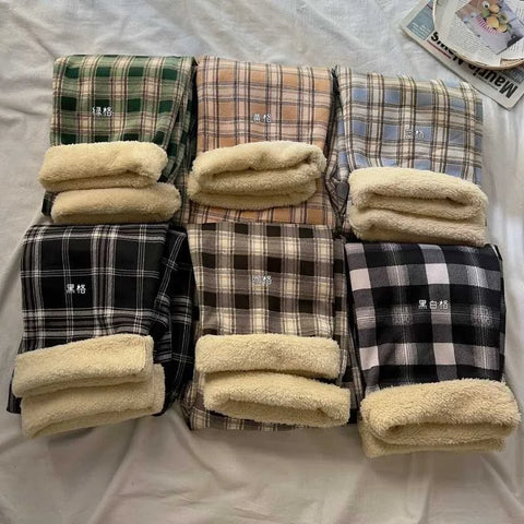 mtvrmall Fashion Warm Plush Pants Lamb Fleece Thick Plaid Women Winter Casual Loose Wide Leg Trousers Korean Streetwear Straight Student