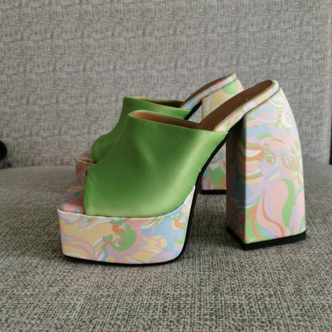 mtvrmall - Brand New Summer Fashion Printed Slippers Thick High Heel Platform Mules Sexy Satin Sandals Women's Shoes Pink Red Big Size