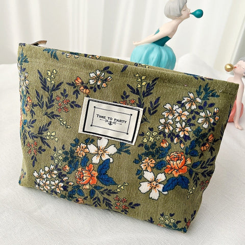 Women Corduroy Plaid Flowers Cosmetic Lipsticks Bag Korean Student Pencil Case Travel Makeup Brushes Bag Neceser Organizer Bags