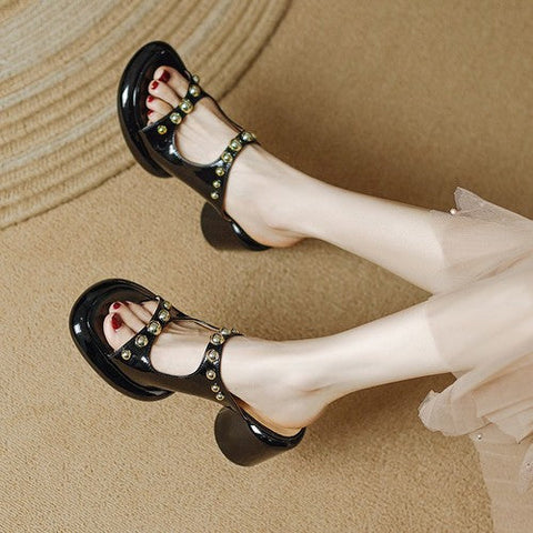 mtvrmall - Women Slides Open Toe Thick Heel Slippers Women's Dress Flip Flops  New Summer Rivet High Heel Fashion Sandals